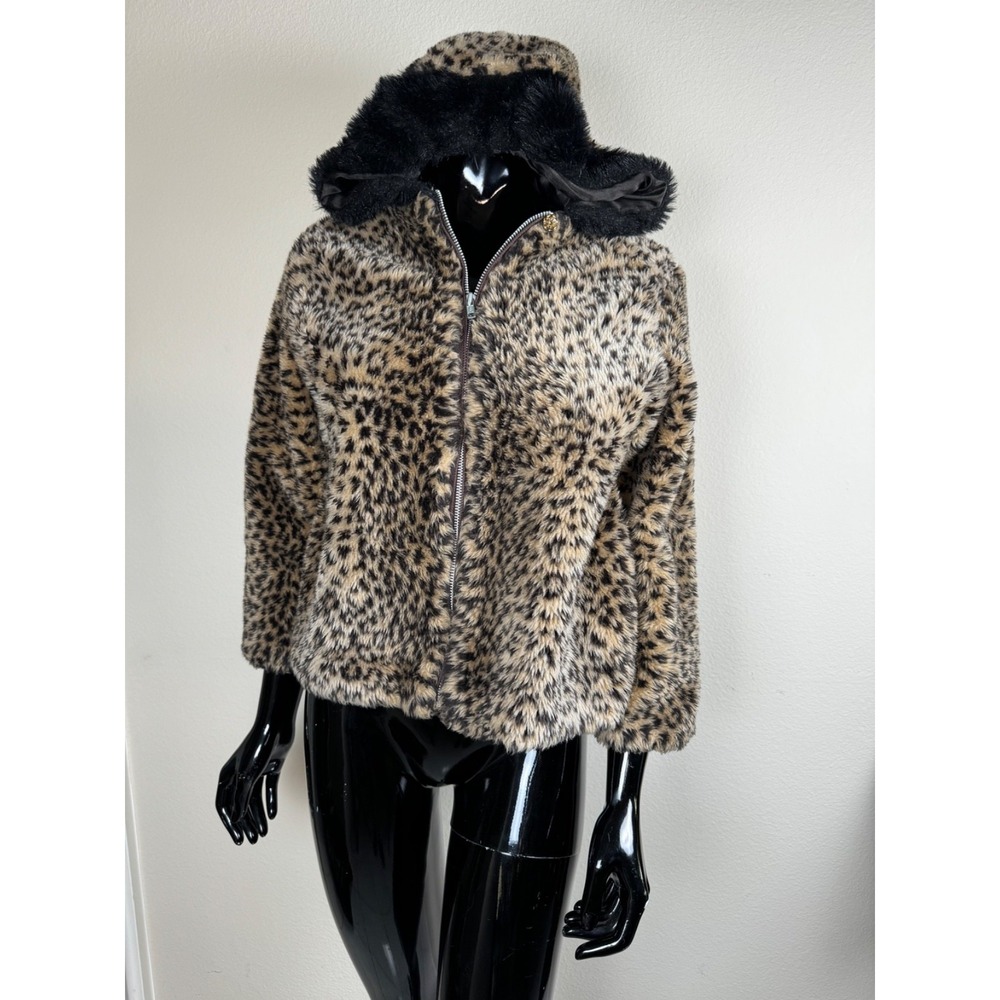 Vintage 80s Casual Time Leopard Faux Fur Hooded Jacket XS Junior Teen Made USA